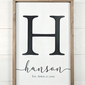 Personalized Printed Wood Monogram Family Name Sign With Established Date Framed White w/brown frame