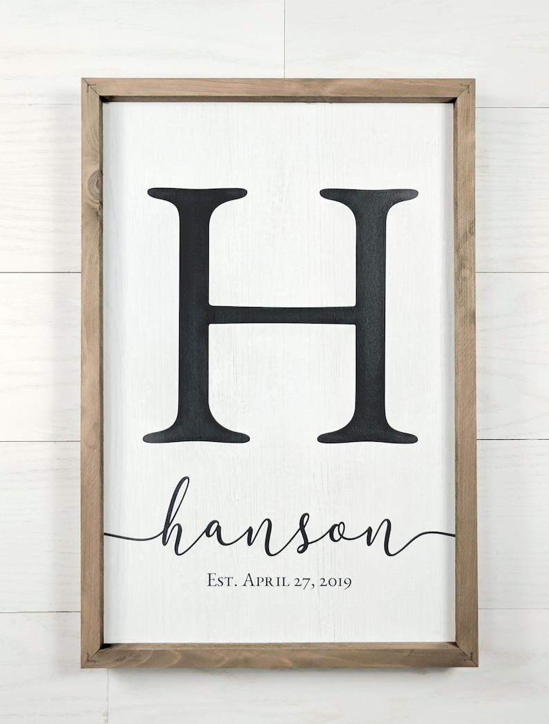 Personalized Printed Wood Monogram Family Name Sign With Established Date Framed White w/brown frame