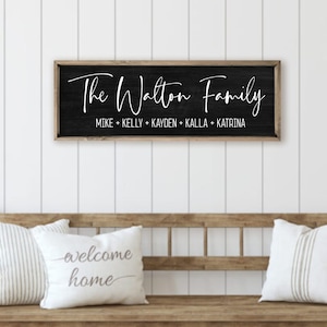 Family name wood sign with a custom wooden name sign touch. Perfect for farmhouse decor. Personalized family name sign ideal for last name signs, established signs, and rustic family name signs. a rustic black background with natural wood frame