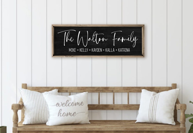 Family name wood sign with a custom wooden name sign touch. Perfect for farmhouse decor. Personalized family name sign ideal for last name signs, established signs, and rustic family name signs. a rustic black background with natural wood frame