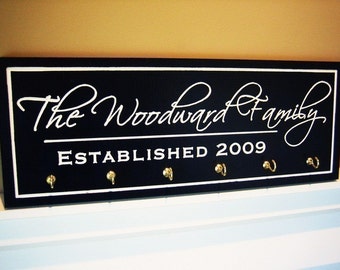 Personalized Carved Wood Family Name Sign With Established Date And Keyhooks