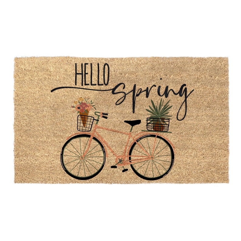 Hello Spring Bicycle Coir Coconut Husk Doormat 18x30 or 24x36 image 1