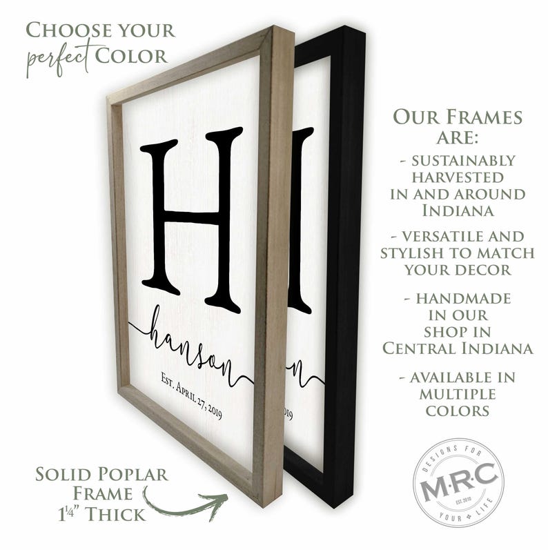 our custom name signs are available in multiple colors. the frames are sustainably harvested in indiana and handmade by MRC in Brownsburg, indiana. the solid poplar wood frame is 1.25 inches thick and 5/8" wide. it is perfect for any home decor