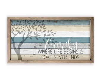 Family Where Life Begins And Love Never Ends Farmhouse Style Wood Wall Decor Sign