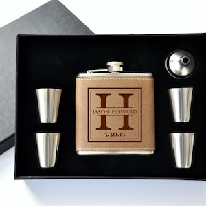Personalized Leather Flask Set With Shot Glasses image 1