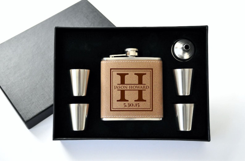 Personalized Leather Flask Set With Shot Glasses image 1