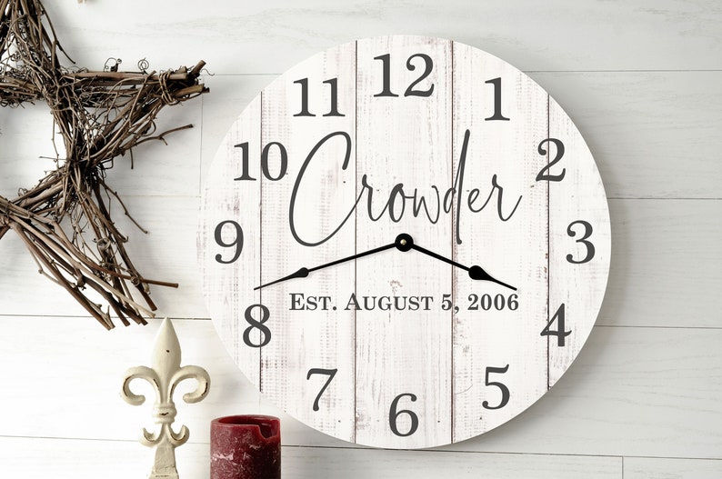 Personalized Rustic Wood Clock – Custom Family Name Wall Decor, 13 & 18 Sizes, Ideal Wedding or Housewarming Gift