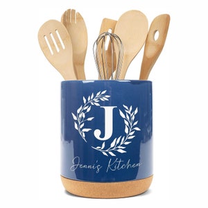 Personalized Ceramic Kitchen Utensil Holder Engraved with Your Monogram and Custom Text utensils not included Navy