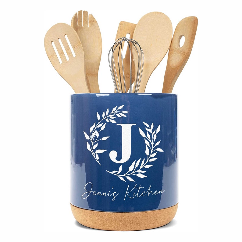 Personalized Ceramic Kitchen Utensil Holder Engraved with Your Monogram and Custom Text utensils not included Navy