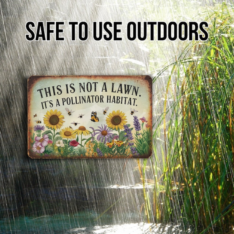 May include: A metal sign with a rustic background featuring a colorful illustration of a garden with flowers, butterflies, and bees. The sign reads "This is not a lawn. It's a pollinator habitat."