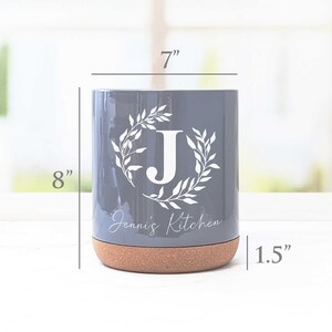 Personalized Ceramic Kitchen Utensil Holder - Monogrammed With Custom Text, Cork Bottom (Utensils Not Included)