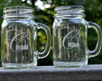 Personalized Engraved Mason Jar Mug With Monogram Design (Sold Individually)