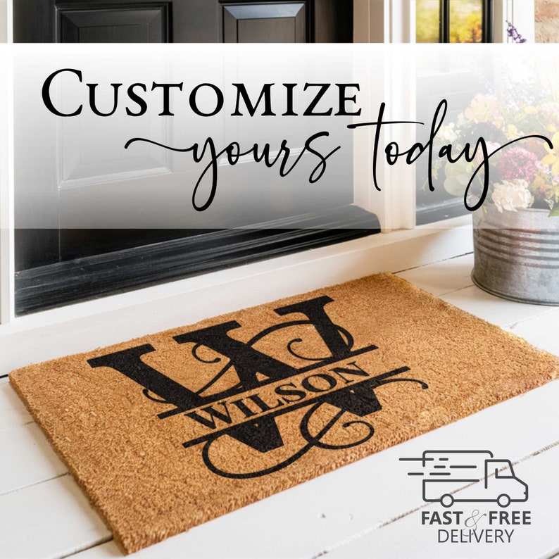 A custom printed personalized coir doormat sitting in front of an entry door.  A fancy monogram with a last name is printed in black in on the door mat with an inviting message asking the customer to customize their order today.