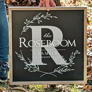 Personalized Printed Wood Family Name Sign With Monogram Initial (Framed)