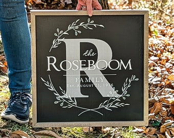 Personalized Printed Wood Family Name Sign With Monogram Initial (Framed)