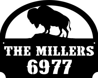 Personalized Metal Outdoor Address Name Sign With Buffalo Scene 13x16