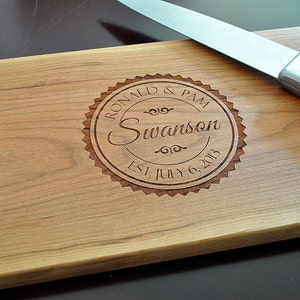 Personalized Laser Engraved Cutting Board Circle Stamp Design image 1