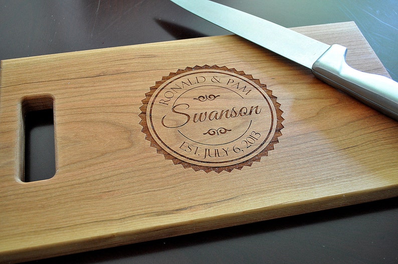 Personalized Laser Engraved Cutting Board Circle Stamp Design image 1