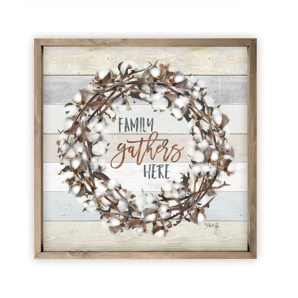 Family Gathers Here Cotton Plant Wreath Farmhouse Style Wood Wall Decor Sign