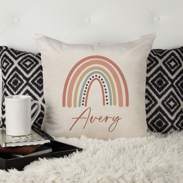 Personalized Boho Rainbow Pillow Cover with Custom Name - Unique and Colorful Cushion Case for Home Decor