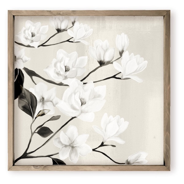 White Magnolias Flower Floral Farmhouse Style Wood Wall Decor Sign