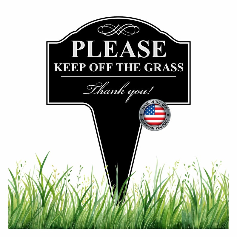 A small yard sign with the message Please Keep Off The Grass, Thank You.  It has a stake that is used to plant the sign in the ground.  A sleek black finish with bright white text makes this sign a very attractive addition to your yard.