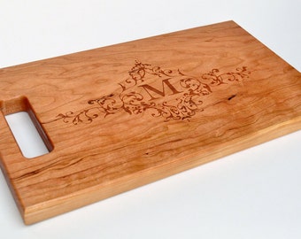 Personalized Laser Engraved Wood Cutting Board With Scroll Monogram