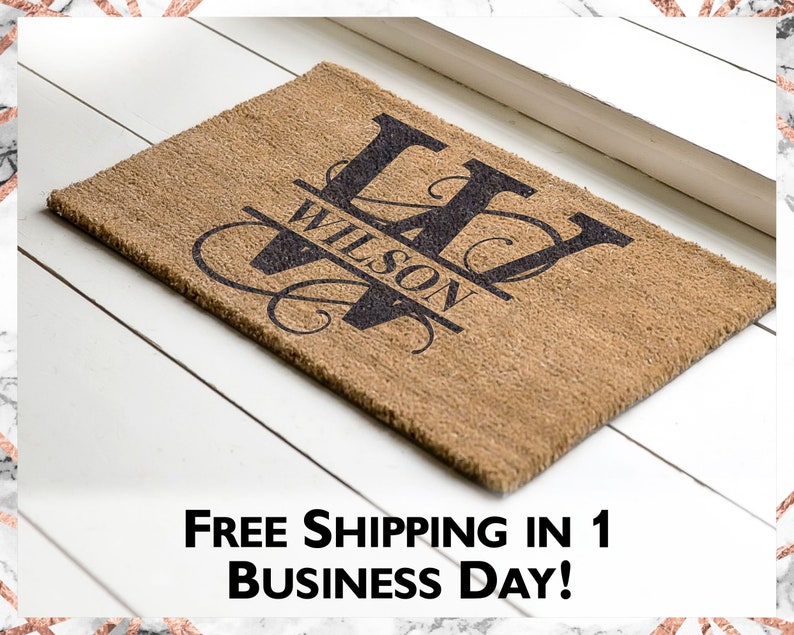 Personalized monogram coir doormat featuring a custom initial or surname. Made from eco-friendly, durable coir, this welcome mat is perfect for housewarming gifts, gifts for her, or adding a unique touch to your doorstep.