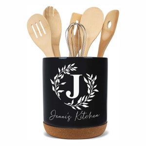 Personalized Ceramic Kitchen Utensil Holder Engraved with Your Monogram and Custom Text utensils not included Black