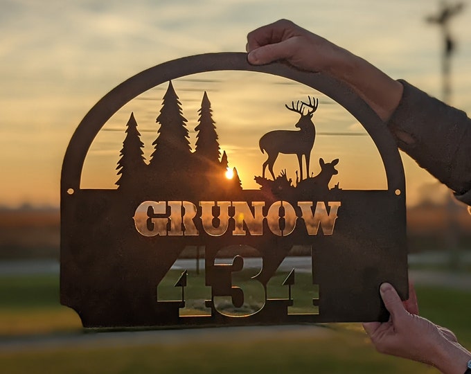 Deer Ranch Family Name Sign- Outdoor Deer Scene Metal Art- Personalized ...