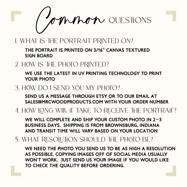 May include: A list of frequently asked questions about custom portrait printing. The portrait is printed on a 3/16 inch canvas textured sign board using UV printing technology. The text includes information about sending photos, shipping times, and resolution requirements.