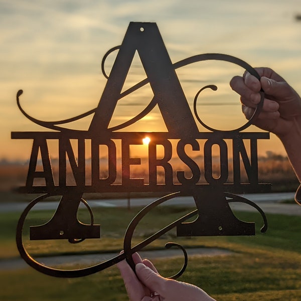 Personalized Metal Outdoor Fancy Split Monogram Name Sign