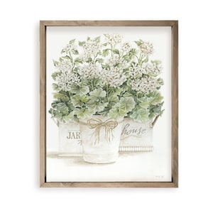 May include: A framed watercolor painting of white flowers in two galvanized metal containers. The containers are labeled "JAR" and "HOUSE".
