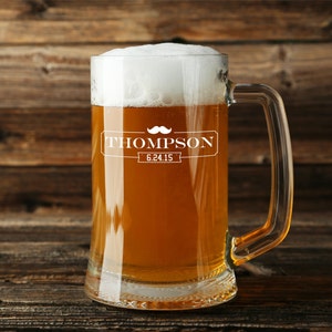 Personalized Engraved 16 Ounce Glass Beer Mug With Mustache Design (Sold Individually)