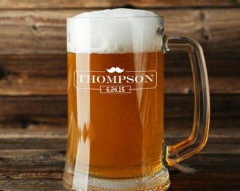 Personalized Engraved 16 Ounce Glass Beer Mug With Mustache Design (Sold Individually)