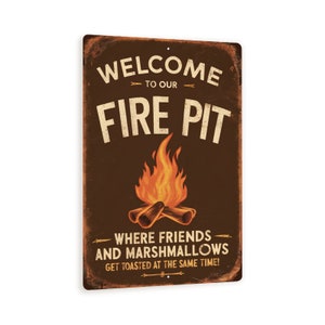 Vintage-Style "Welcome To Our Fire Pit" Metal Sign - Rustic Outdoor Decor With Roaring Fire Illustration, 8"x 12"