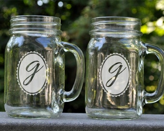 Personalized Engraved Mason Jar Mug With Oval Monogram Design (Sold Individually)