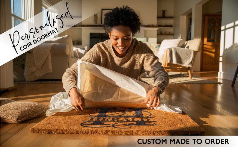 A woman is opening gift of a personalized coir door mat. There is gift wrapping on the floor and she is smiling excitedly at receiving the gift.  There is a large monogram initial printed on the mat along with the recipients last name.