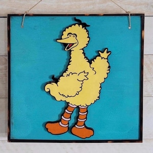 Letrero de madera enmarcado con diseño de BIG BIRD, pintado a mano en capas - Decoración de Barrio Sésamo - Arte infantil clásico - Ideal para la guardería, el hogar o la oficina