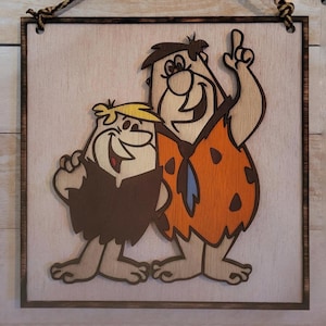 FLINTSTONES Fred i Barney Warstwowy ręcznie malowany drewniany znak w ramie - Klasyczna dekoracja z kreskówek - Sztuka ścienna Vintage Hanna-Barbera