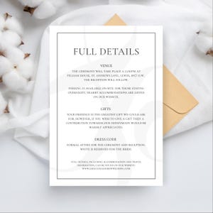 Modello di biglietto con i dettagli del matrimonio - Ampersand Design, bianco, moderno, minimalista, PDF modificabile, inserto informativo per matrimonio stampabile #AMP
