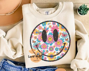 Retro Floral Smiley Face PNG: Boho Distressed Design (Digital Download)