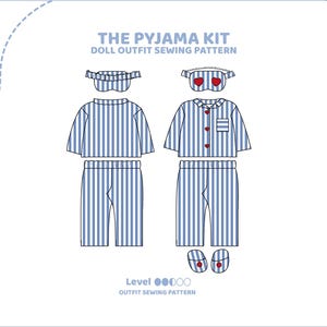 May include: A sewing pattern for a doll outfit, featuring a blue and white striped pajama top and pants, a sleep mask with red hearts, and a pair of slippers. The pattern is labeled "The Pyjama Kit Doll Outfit Sewing Pattern" and "Tiny Paws".