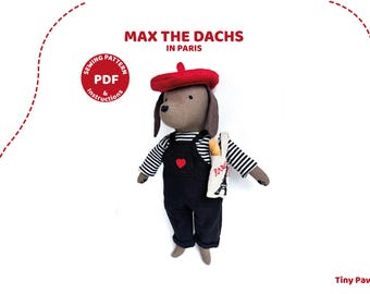 Dackel Schnittmuster, Paris Outfit Plüsch PDF, weicher Dackel Hund, DIY Animal Craft