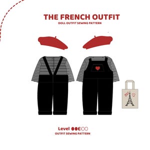 Puede incluir: Un patrón de costura para un atuendo de muñeca de temática francesa, que incluye un mono a rayas blanco y negro con un corazón rojo, una boina roja y una bolsa de mano con un dibujo de la Torre Eiffel y la palabra "París".