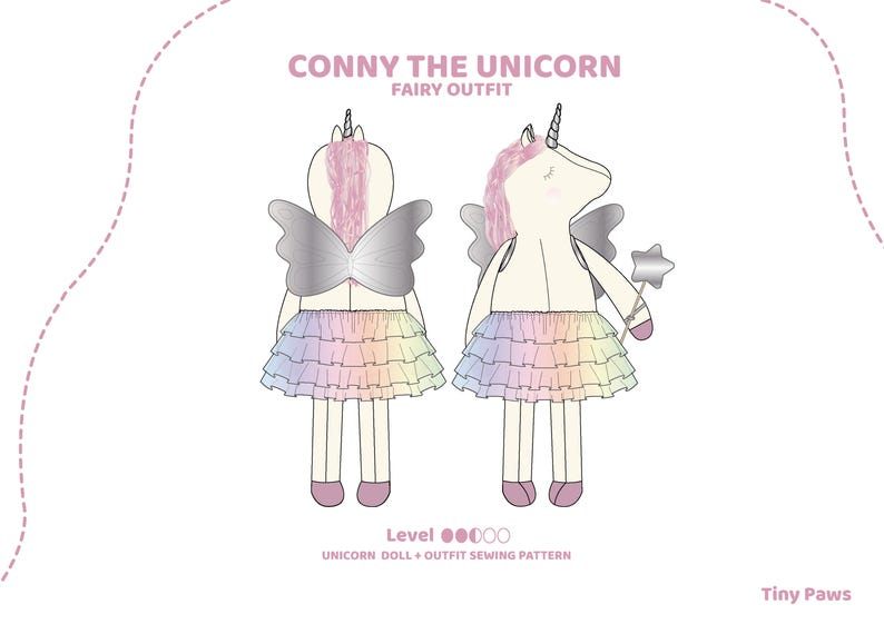 K&ouml;nnte beinhalten: Illustration einer Einhorn-Puppe namens Conny, die ein Feen-Outfit tr&auml;gt. Die Puppe hat eine rosa M&auml;hne, silberne Fl&uuml;gel und einen regenbogenfarbenen Tutu. Sie h&auml;lt einen sternf&ouml;rmigen Zauberstab. Der Text "Conny the Unicorn Fairy Outfit" steht oben.