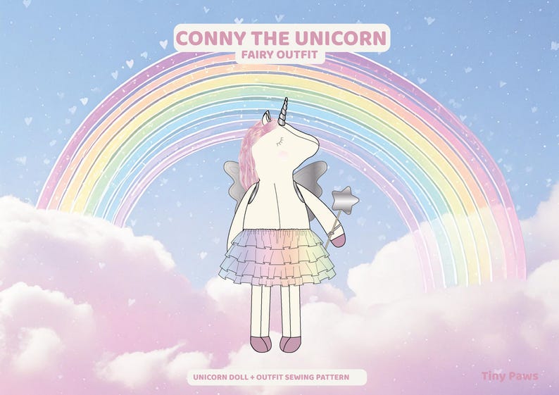 K&ouml;nnte beinhalten: Illustration einer Einhorn-Puppe in einem Feen-Outfit, vor einem Regenbogen und Wolken. Die Puppe hat eine rosa M&auml;hne, silberne Fl&uuml;gel und einen sternf&ouml;rmigen Zauberstab. Der Text oben lautet "Conny the Unicorn Fairy Outfit". Der Text unten lautet "Unicorn Doll + Outfit Sewing Pattern".