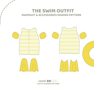 Peut inclure: Un patron de couture pour un maillot de bain et des accessoires pour enfant. Le patron comprend un maillot de bain, des brassards, des palmes et une bouée de piscine. Le patron est intitulé "The Swim Outfit" et "Tiny Paws".