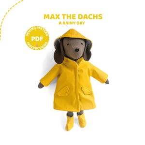 ダックスフント人形の裁縫パターン – レインコートを着たマックス、ぬいぐるみ（PDFパターン）
