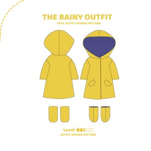 May include: A sewing pattern for a yellow raincoat with a blue and white checked lining and matching yellow wellies. The pattern is labelled "The Rainy Outfit" and is rated as an easy level sewing project.